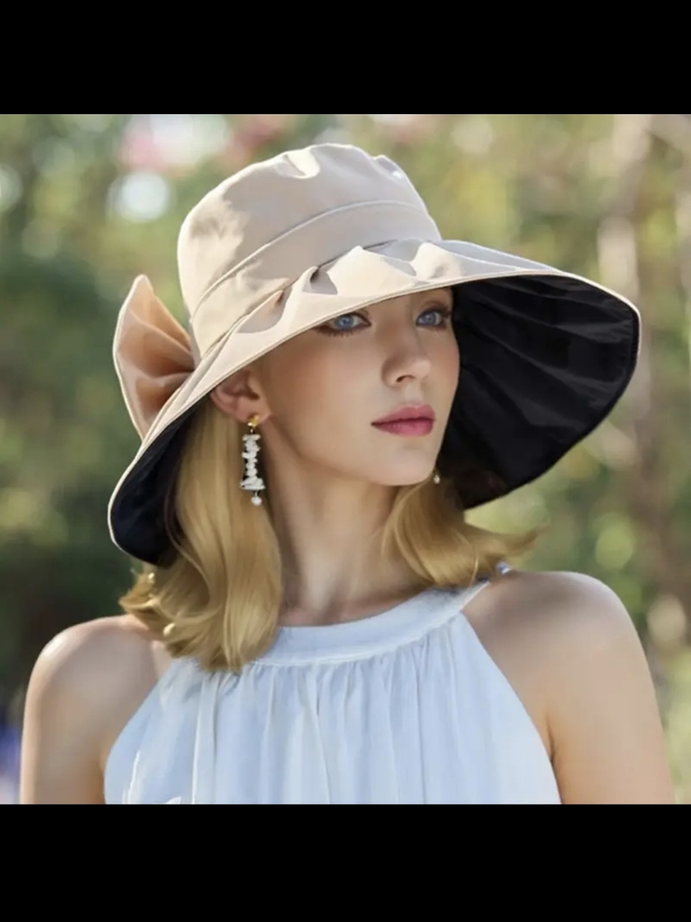 Wide Brim Sun Hat with Bow - Beige